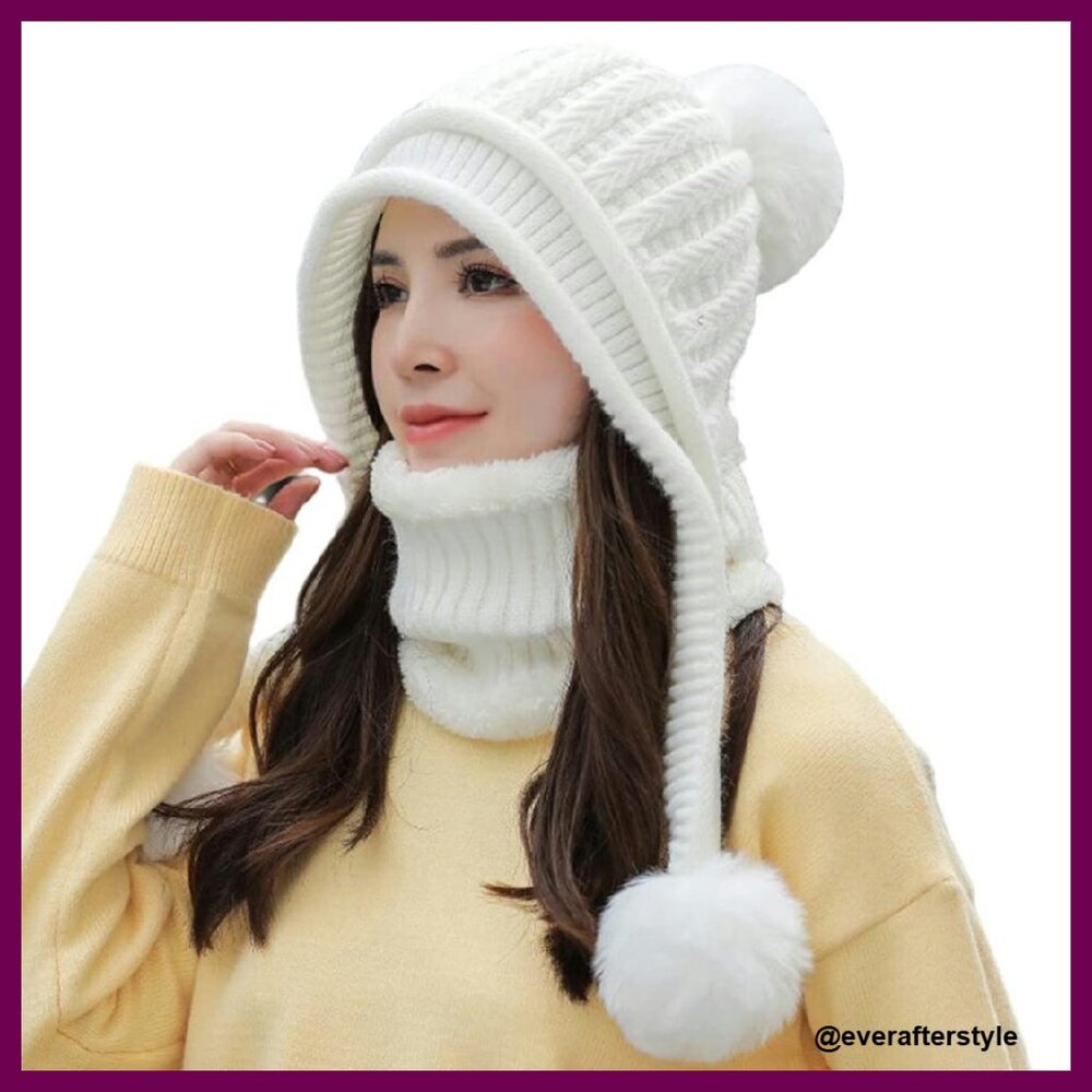 Winter Beanie Scarf Set Fleece Lined Chunky Knit Pompoms Ear Flaps Cozy
